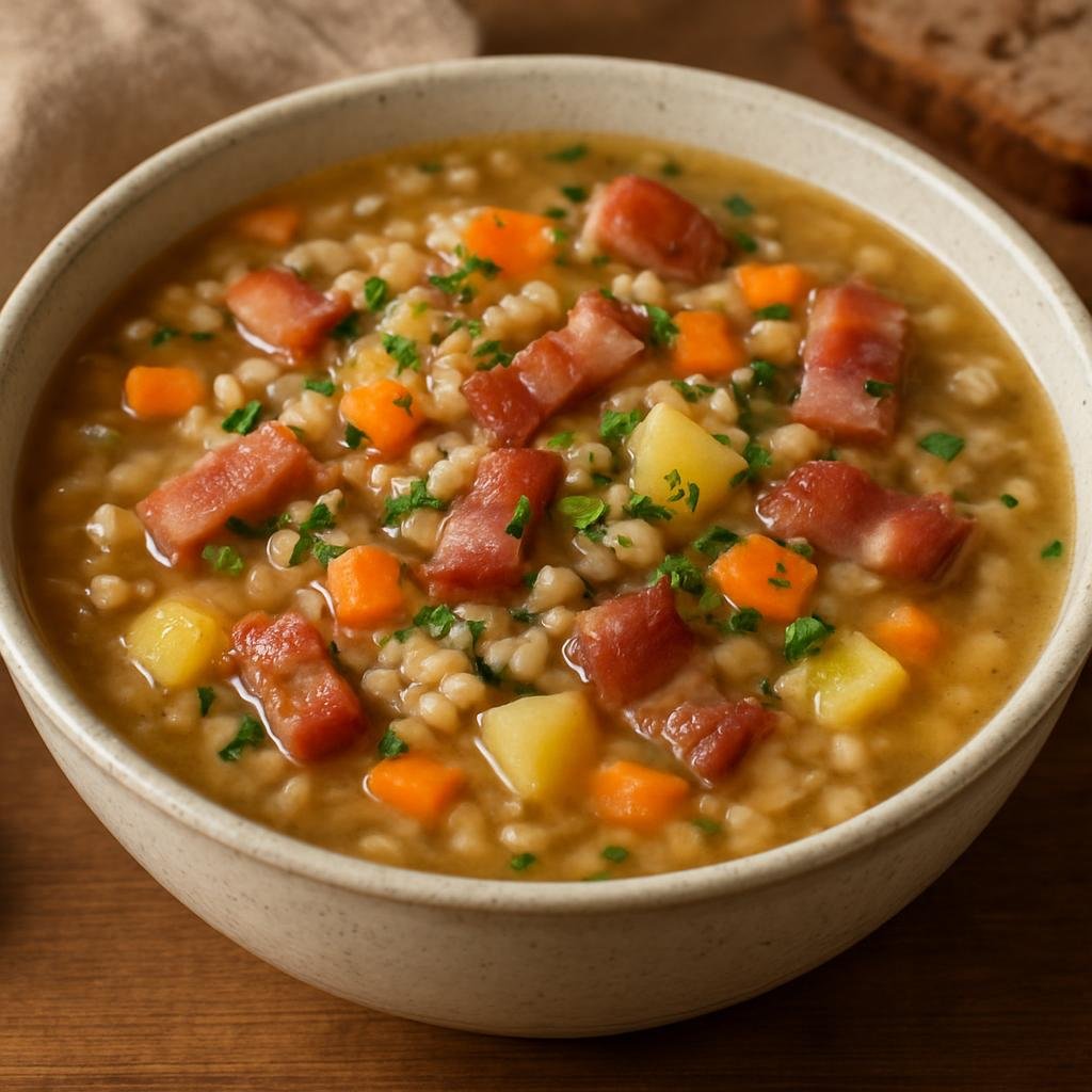 Entree: Liechtenstein – Gerstensuppe mit Speck (Hearty pearl barley soup with smoked bacon and root vegetables) recipe