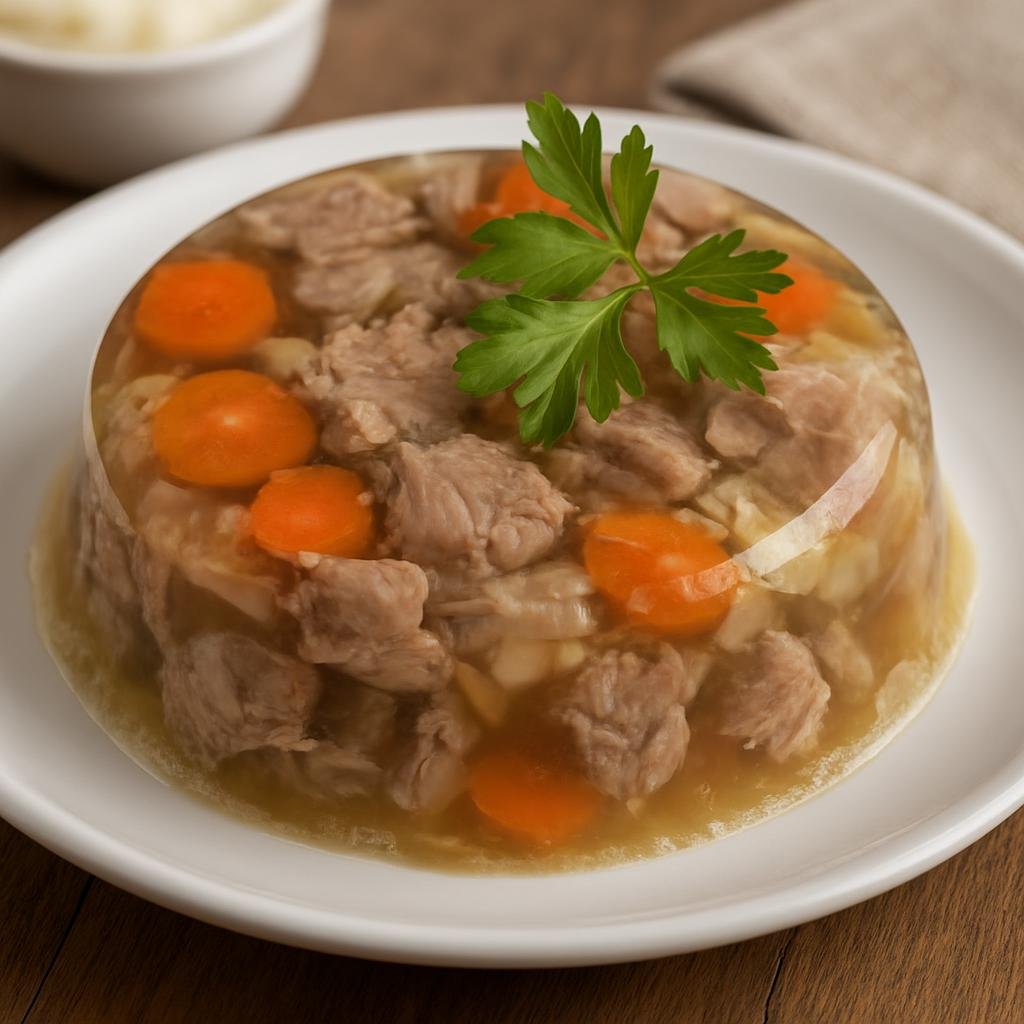 Entree: Moldova – Răcitură (Cold jellied pork and vegetable aspic made by simmering head and trotters until the broth gels) recipe