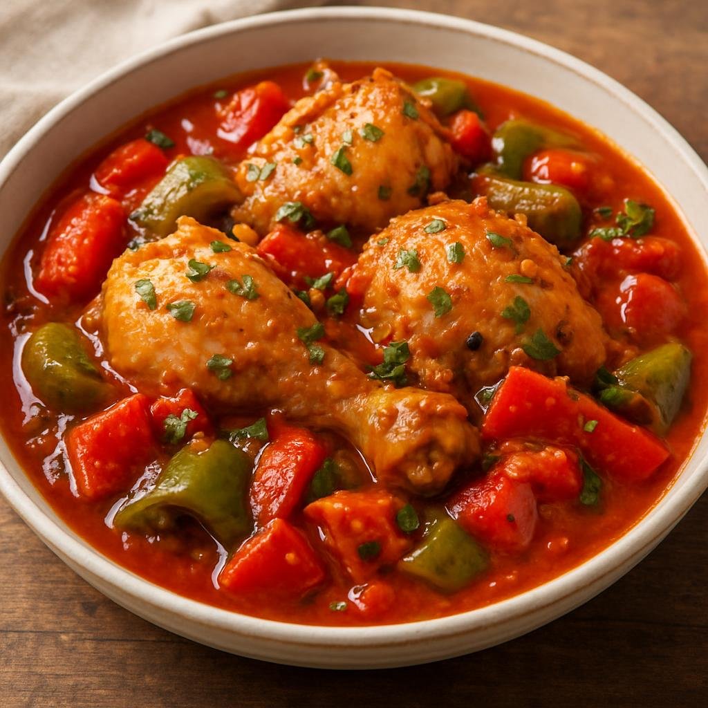 Entree: Monaco – Poulet Basquaise (Basque-style braised chicken in a tomato and pepper sauce) recipe
