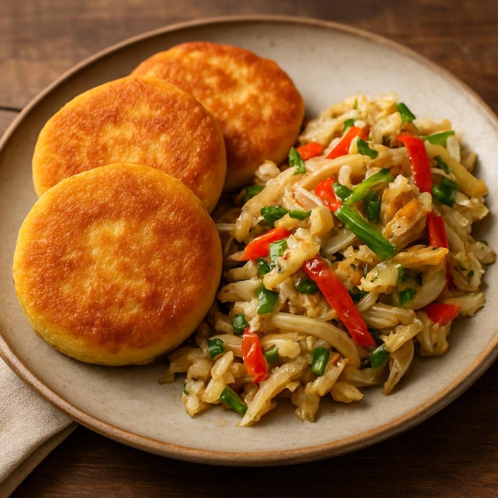 Entree: Saint Kitts and Nevis – Johnny Cakes with Saltfish (Fried cornmeal griddlecakes served with salted cod sautéed with onions, peppers, and Caribbean herbs) recipe