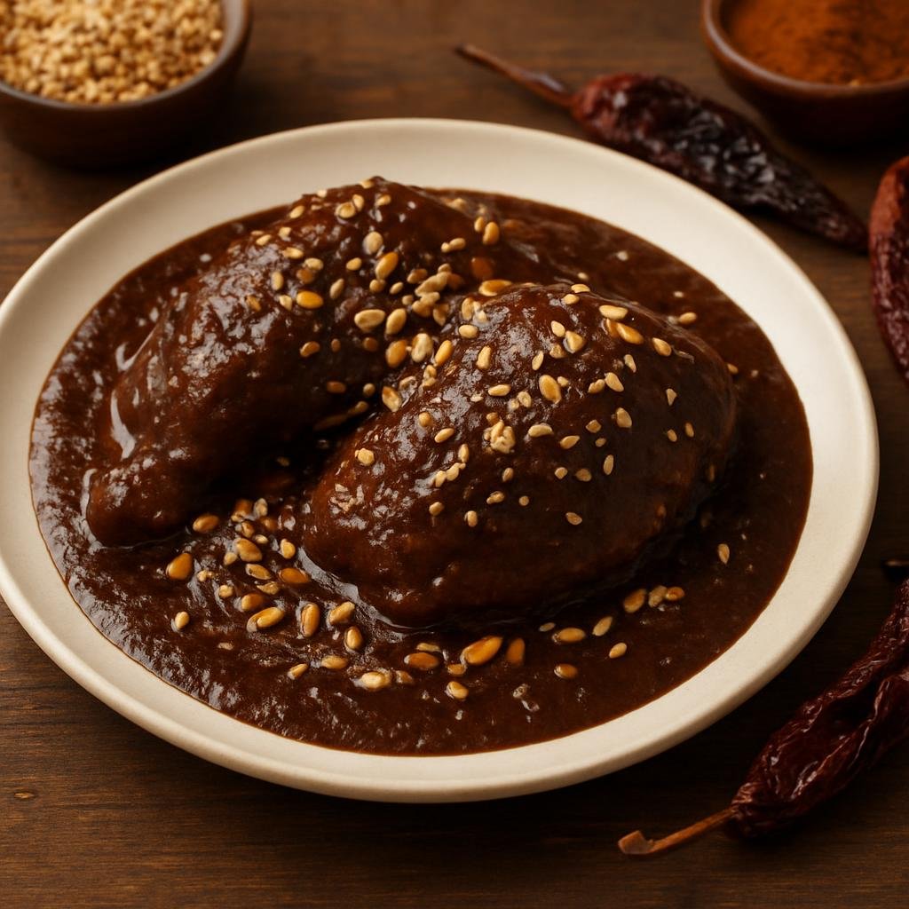 Entree: Mexico – Central Highlands – Mole Poblano (Complex, slow-simmered chocolate and chile sauce served over braised poultry, featuring toasted seeds, nuts, spices, and dried chiles) recipe