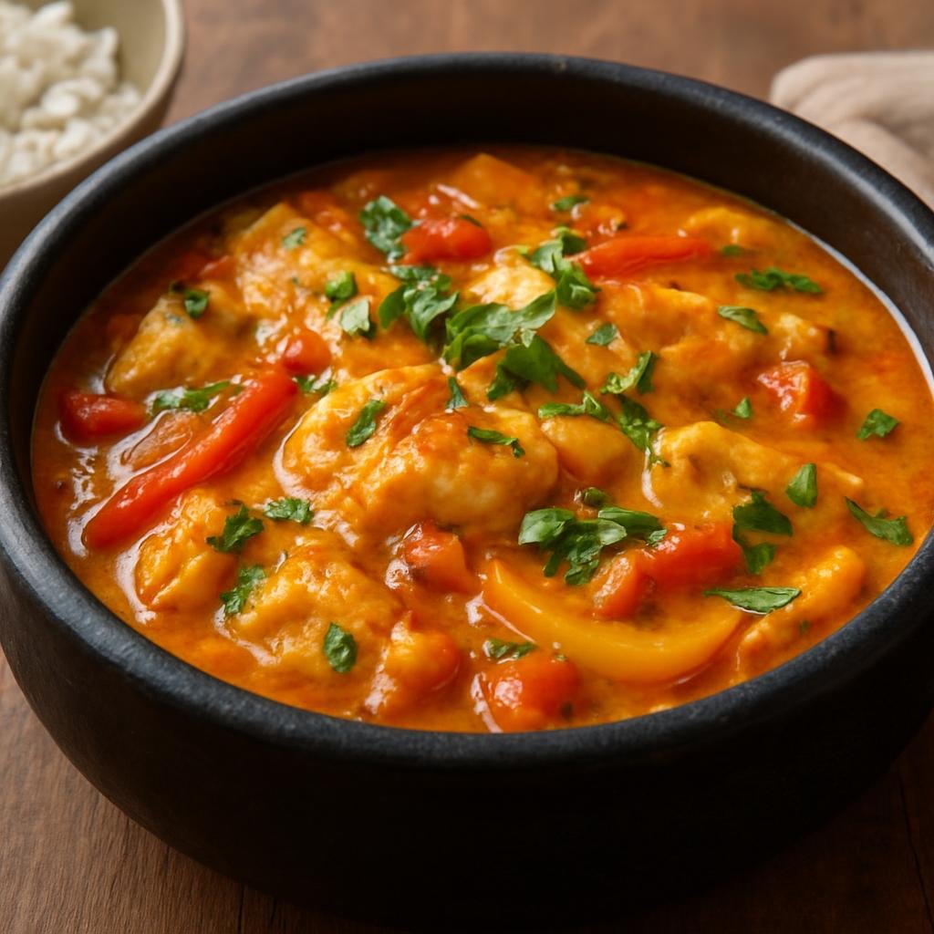 Entree: Brazil – Bahia – Moqueca Baiana (Brazilian Bahian coconut-and-palm-oil fish stew with tomatoes, peppers, and cilantro) recipe