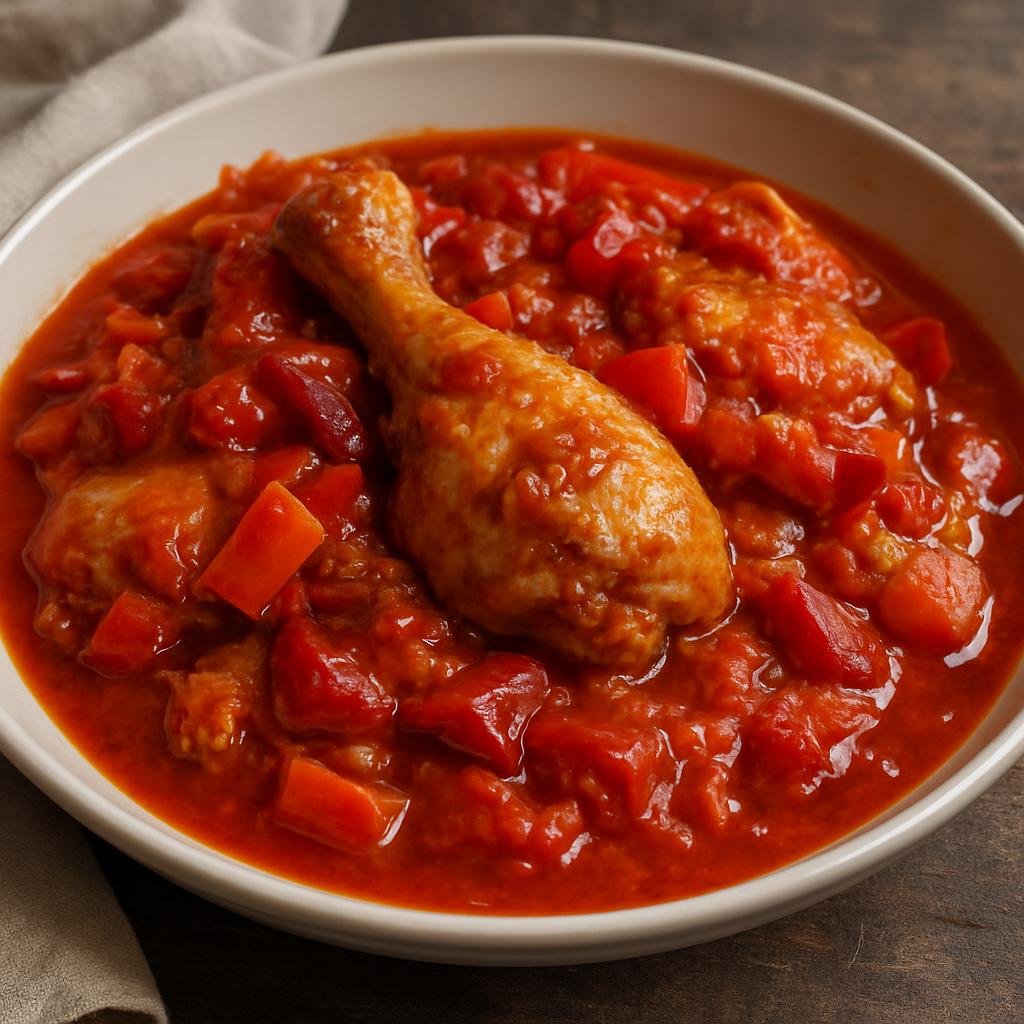 Entree: Spain – Aragon – Pollo al Chilindrón (Chicken stewed in a rich Aragonese sauce of tomatoes, red peppers, and cured ham) recipe