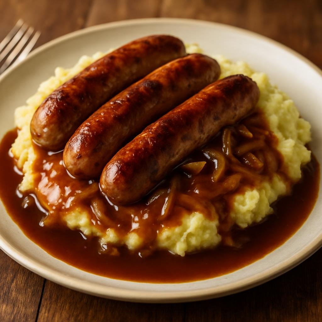 Entree: United Kingdom – British Pub Classics – Bangers and Mash (Pan-fried pork sausages served with creamy mashed potatoes and rich onion gravy) recipe