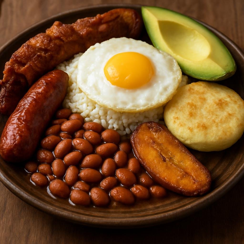 Entree: Colombia – Antioquia – Bandeja Paisa (Hearty Colombian platter of beans, rice, various meats, fried egg, plantain, avocado, and arepa) recipe