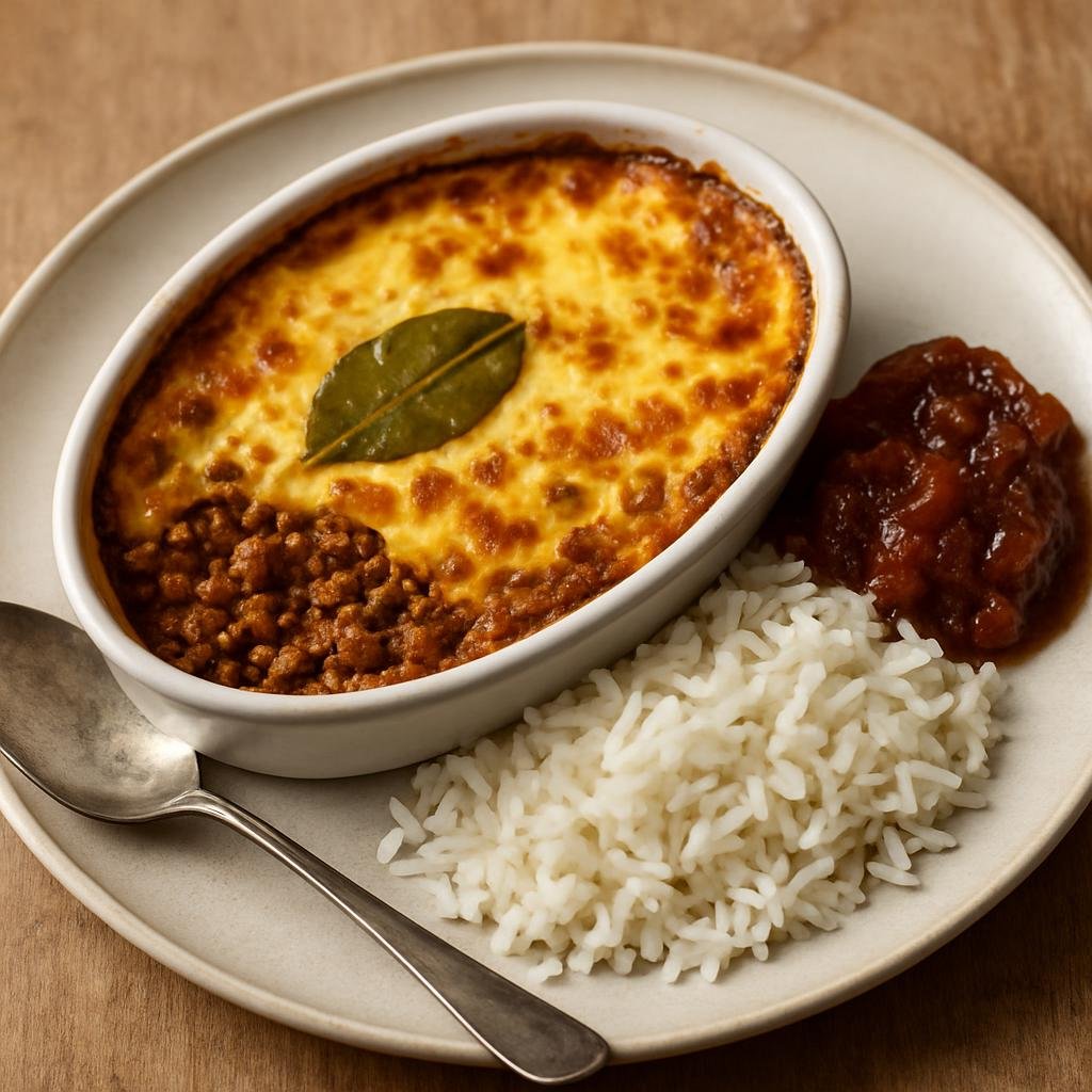 Entree: South Africa – Cape Malay – Bobotie (Baked Cape Malay spiced minced meat topped with an egg-and-milk custard and served with chutney) recipe