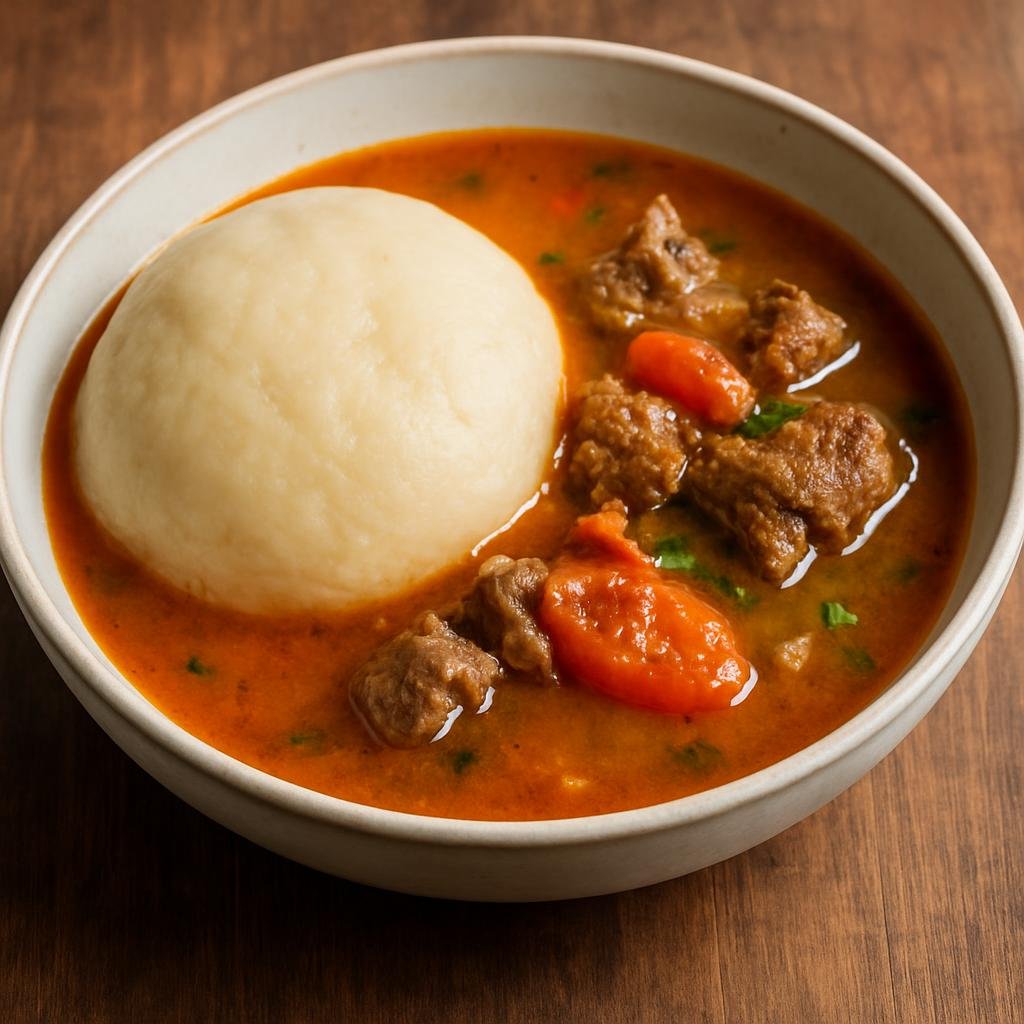 Entree: Ghana – Ashanti – Fufu with Light Soup (Smooth pounded cassava and plantain dough served with a clear spiced meat and tomato broth) recipe