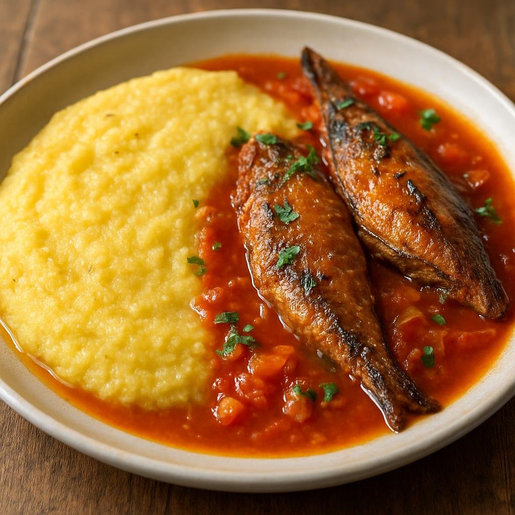 Entree: Barbados – National Cuisine – Cou-Cou and Flying Fish (A creamy cornmeal and okra porridge served with seasoned flying fish and a tomato-based gravy) recipe