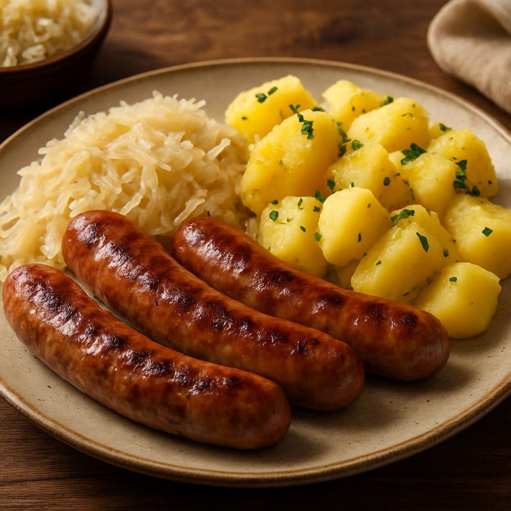 Entree: Slovenia – Southern Culinary Region – Kranjska Klobasa (coarse smoked pork sausage traditionally served with potatoes and sauerkraut) recipe