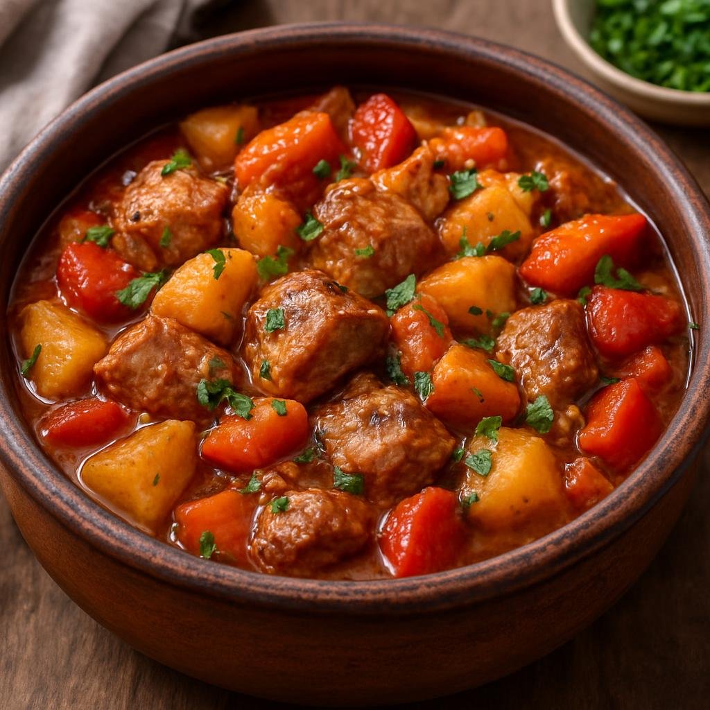 Entree: Bulgaria – National Cuisine – каварма ➤ kavarma (Slow-braised Bulgarian pork and vegetable stew traditionally cooked in a covered pot) recipe