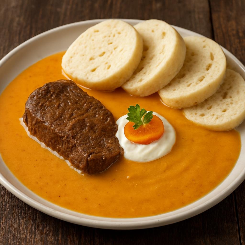Entree: Czechia – Central Culinary Region – Svíčková na smetaně (Braised beef in a creamy roasted root-vegetable sauce traditionally served with bread dumplings) recipe