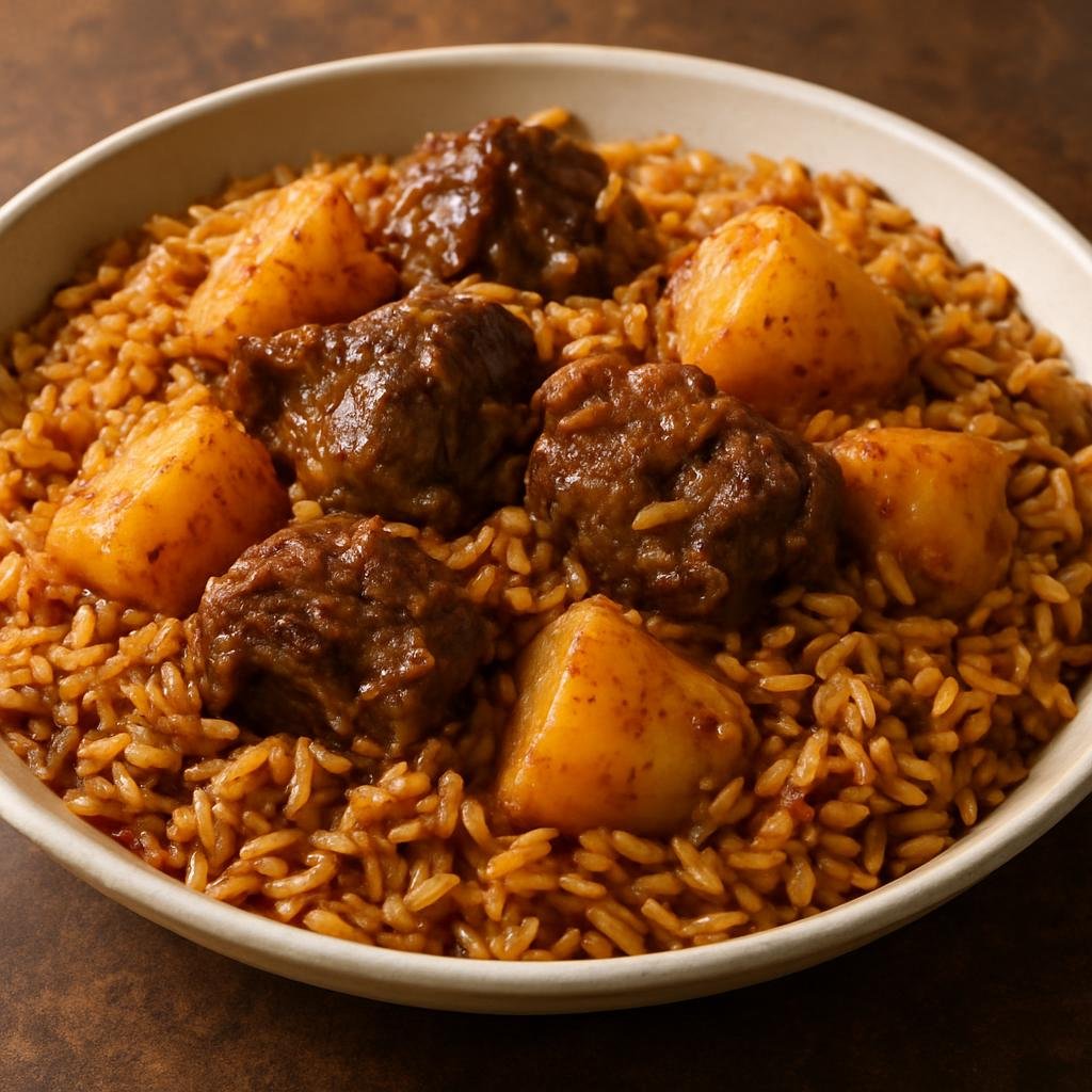 Entree: Djibouti – National Cuisine – Skoudehkaris (Djiboutian spiced one-pot rice and lamb stew cooked with potatoes and warm aromatic spices) recipe