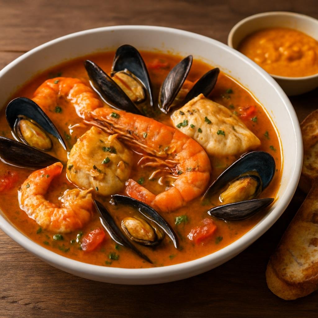 Entree: French Southern Territories – National Cuisine – Bouillabaisse (Provençal fish stew of mixed Mediterranean seafood in a saffron‑scented broth served with rouille and toasted bread) recipe