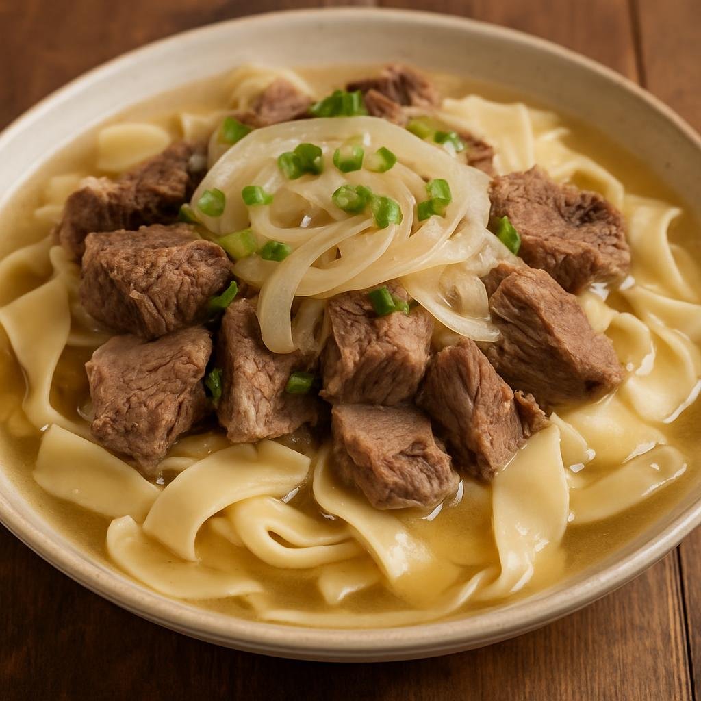 Entree: Kazakhstan – Northern Kazakhstan – Бешбармақ ➤ Beshbarmak (Boiled meat with broad hand-cut noodles served in a savory onion broth) recipe