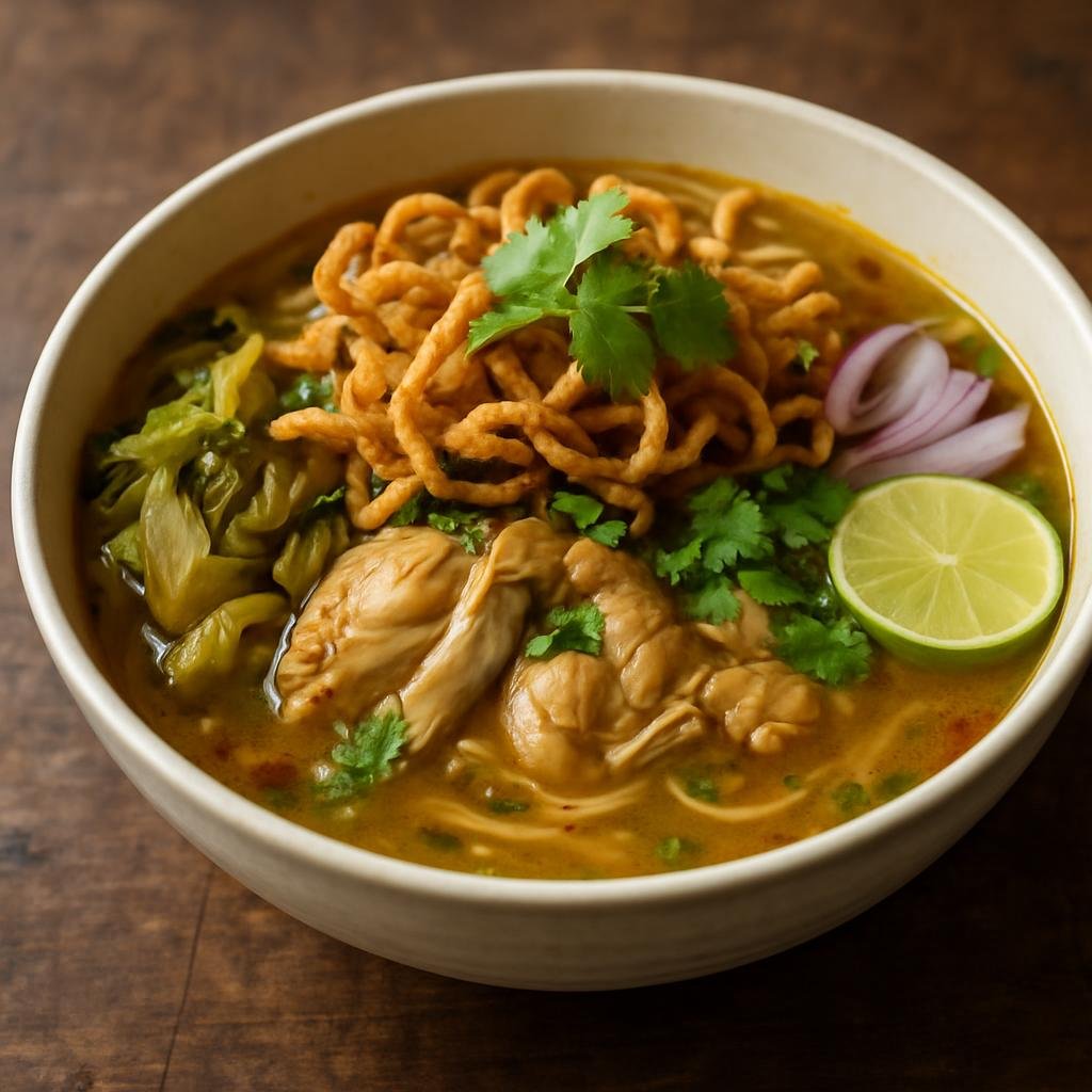 Entree: Laos – Luang Prabang / Northern Laos – ເຂົ້າສອຍຫຼວງພະບາງ ➤ Khao soi Luang Prabang (Luang Prabang–style Lao noodle soup of tender chicken in a clear savory broth with herbs and pickles) recipe