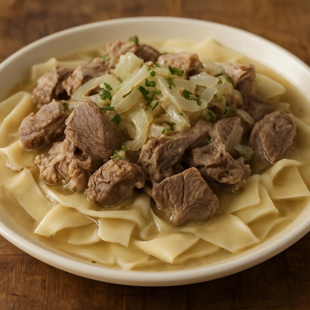 Entree: Kyrgyzstan – Northern Culinary Region – Бешбармак ➤ Beshbarmak (Boiled meat and hand-cut flat noodles served with a seasoned onion broth) recipe