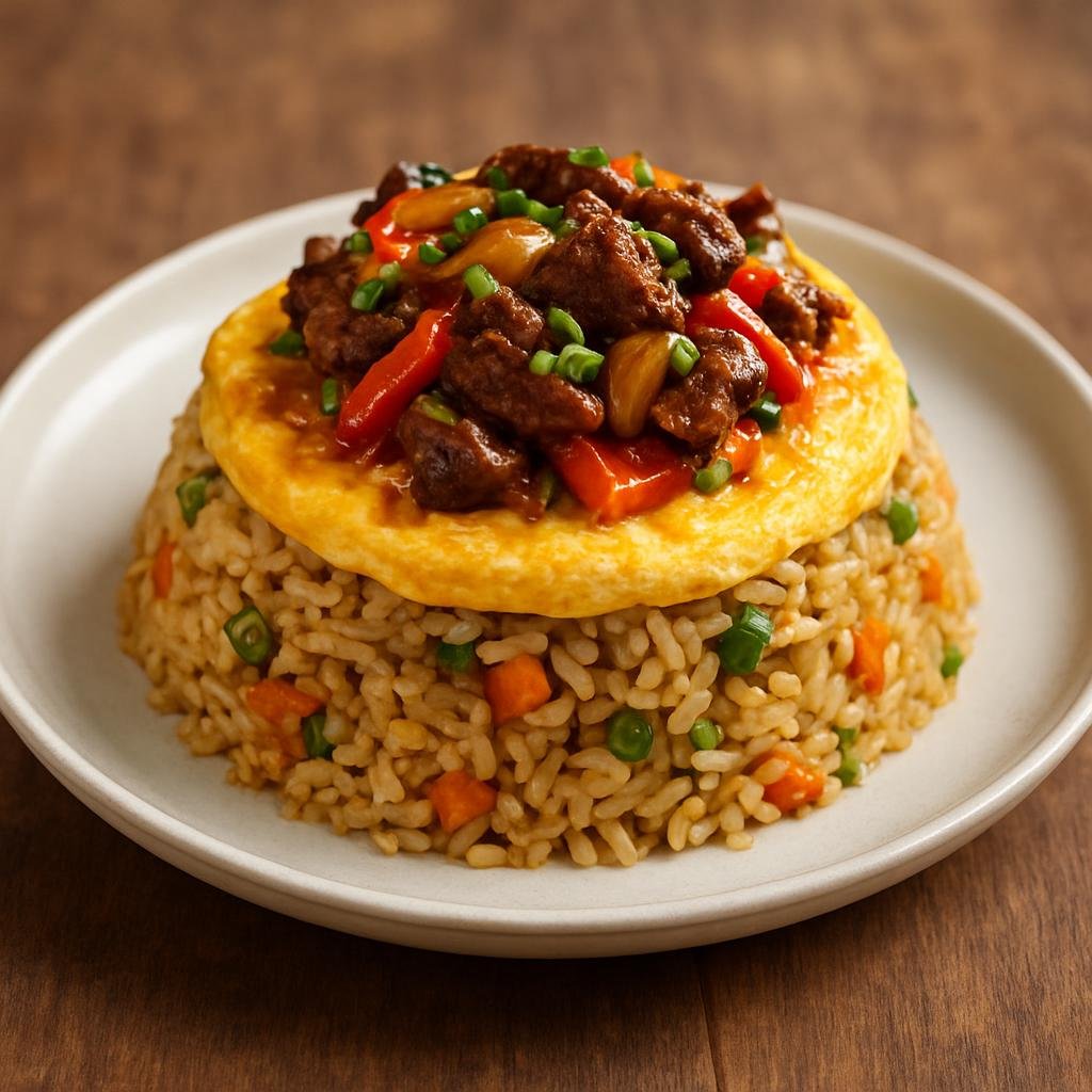 Entree: Mauritius – Northern Culinary Region – Bol Renversé (Mauritian inverted bowl of fried rice topped with an omelette and stir-fried meat and vegetables) recipe