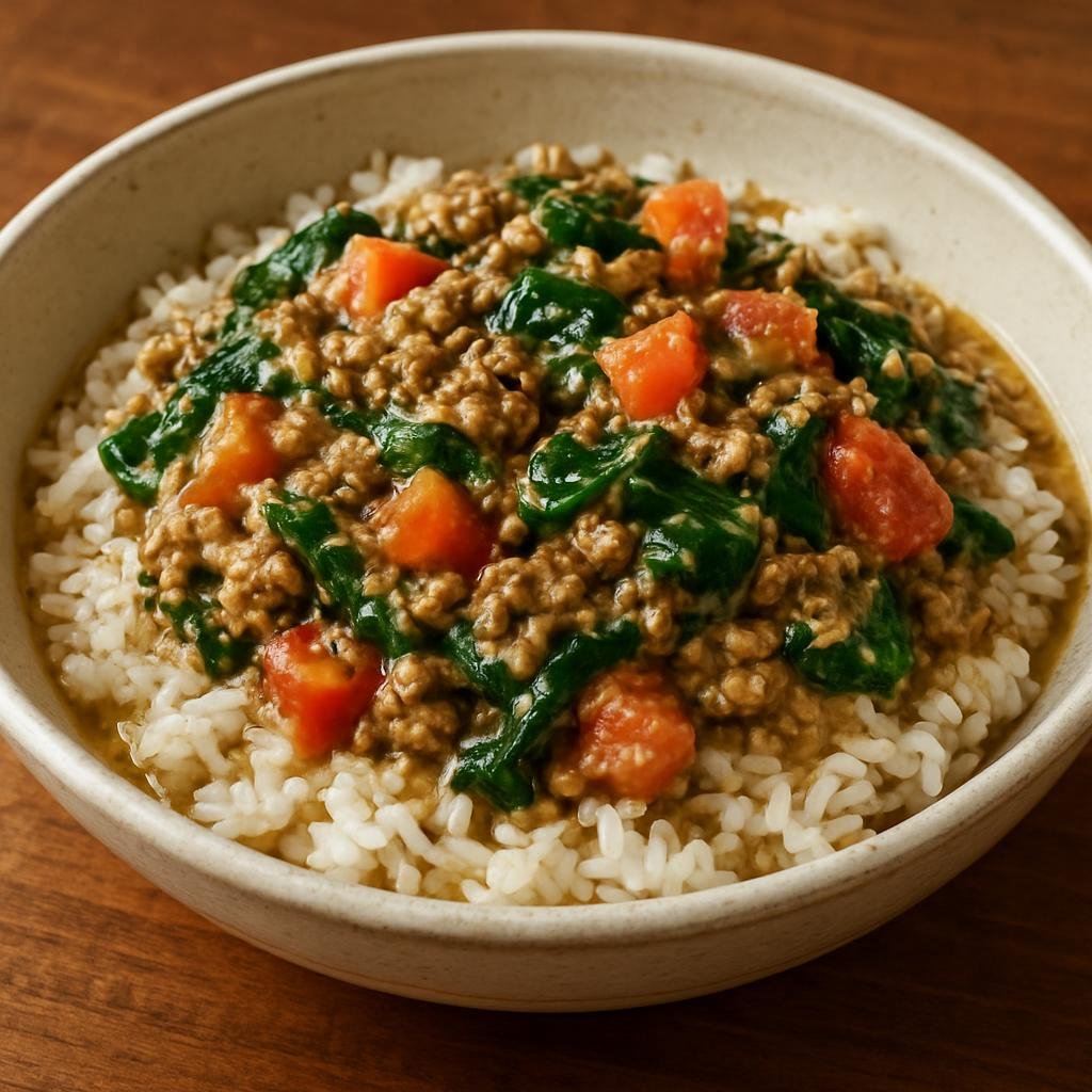 Entree: Micronesia – Northern Culinary Region – Tinaktak (One-pot Chamorro-style ground beef simmered in coconut milk with tomatoes and greens, served over rice) recipe