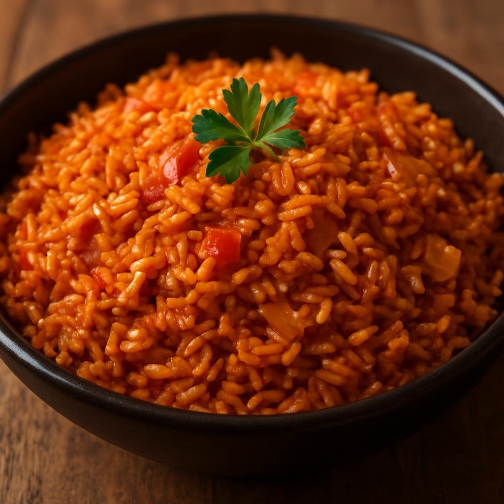 Entree: Sierra Leone – Northern Culinary Region – Jollof Rice (One-pot West African tomato-and-pepper spiced rice cooked with stock and aromatics) recipe