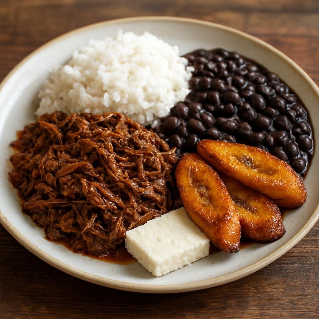 Entree: Venezuela – Northern Culinary Region – Pabellón Criollo (Venezuelan plate of shredded stewed beef served with white rice, black beans, fried ripe plantains and fresh white cheese) recipe