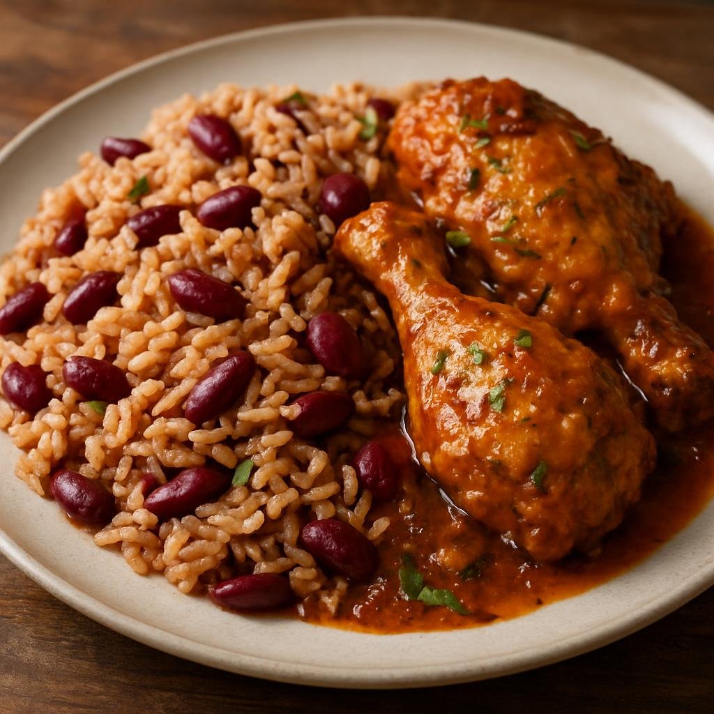 Entree: Belize – Central Culinary Region – Rice and Beans with Stewed Chicken (One-pot Belizean-style seasoned rice cooked with red kidney beans and tender stewed chicken) recipe