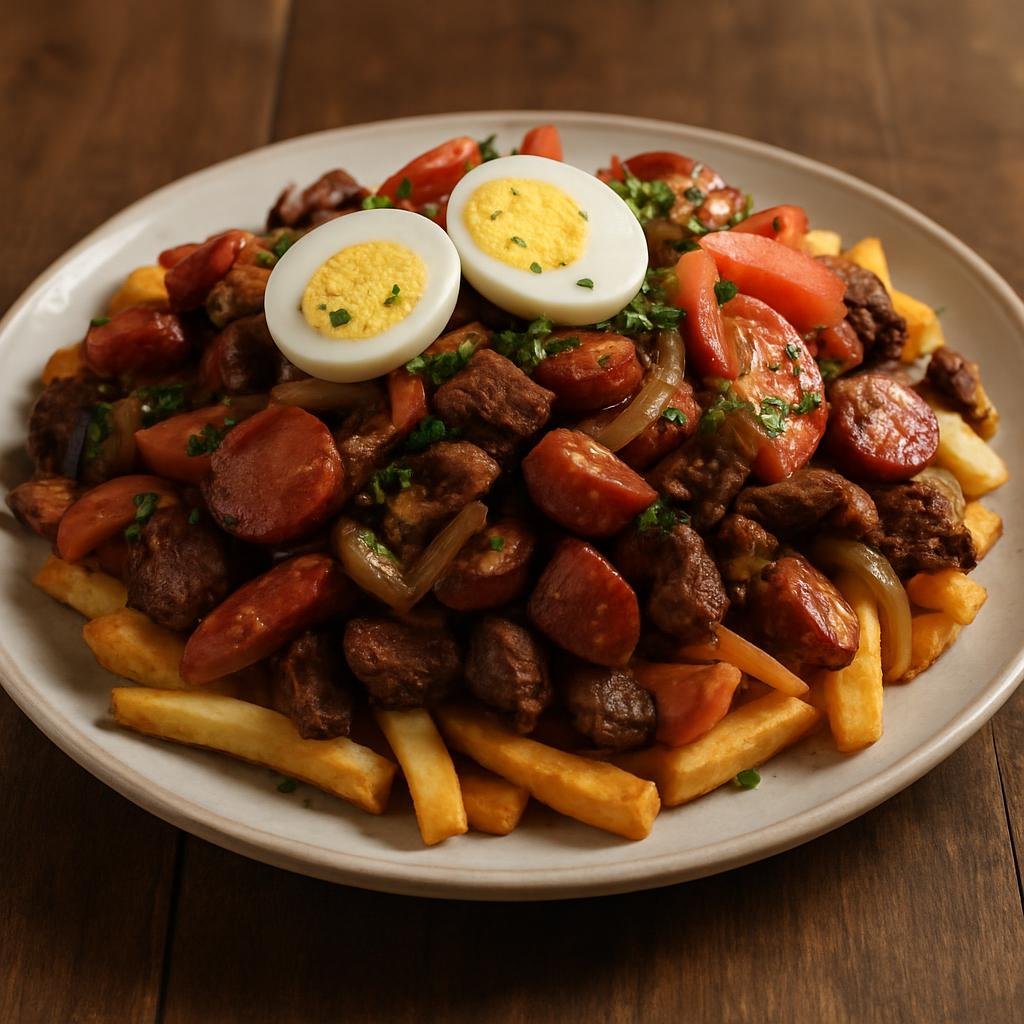 Entree: Bolivia – Central Culinary Region – Pique a lo Macho (Hearty Bolivian platter of sautéed beef and sausages piled over fries and topped with hard-boiled eggs and vegetables) recipe