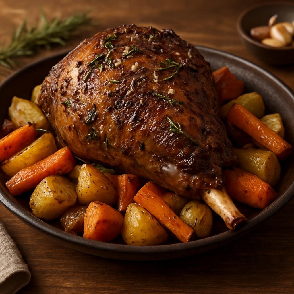 Entree: Falkland Islands (Malvinas) – Falkland Lamb Roast (Roast leg of Falkland lamb seasoned simply with garlic and herbs and roasted with root vegetables) recipe