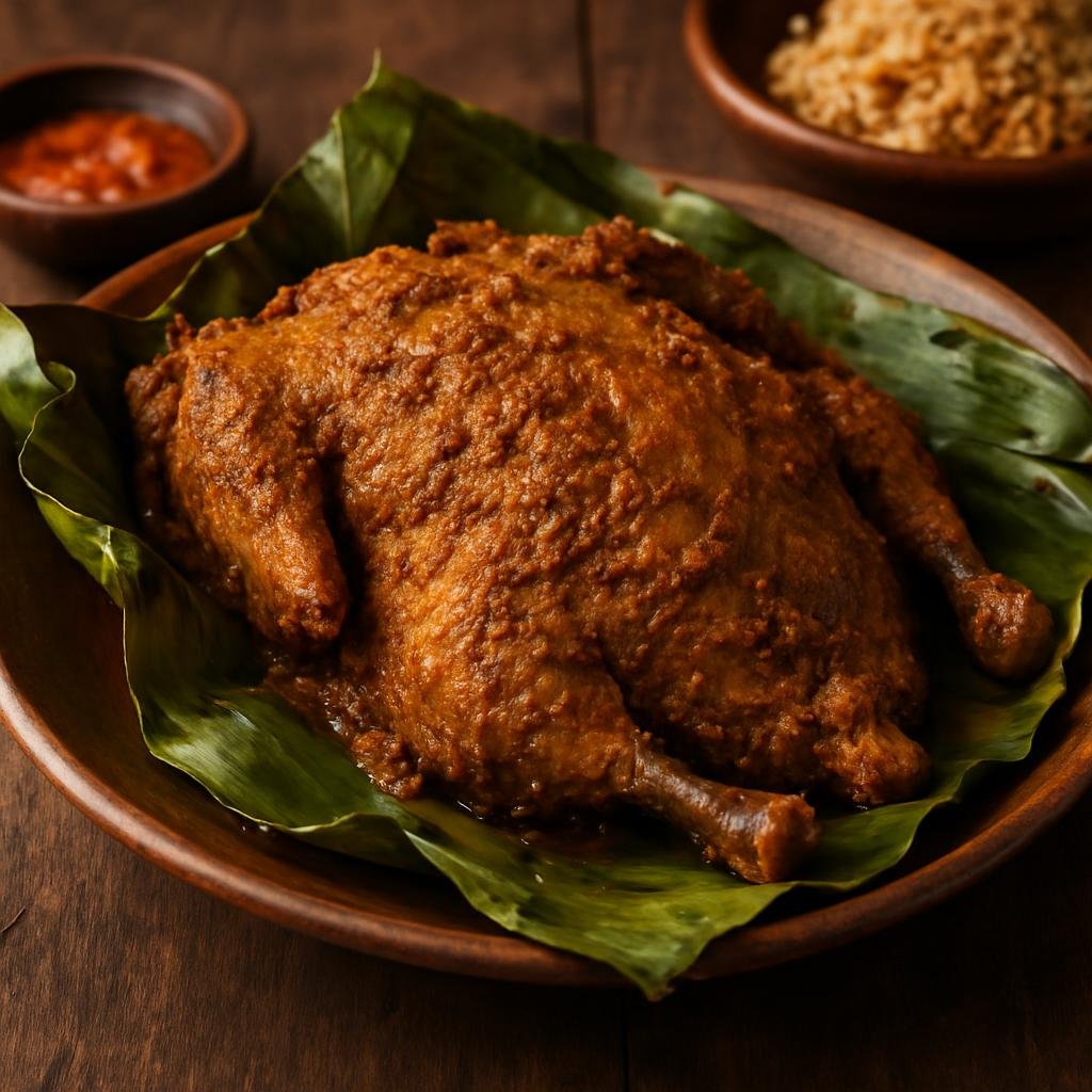 Entree: Indonesia – Bali – Bebek Betutu (Balinese slow-roasted whole duck seasoned with a rich roasted spice paste and wrapped in banana leaves) recipe