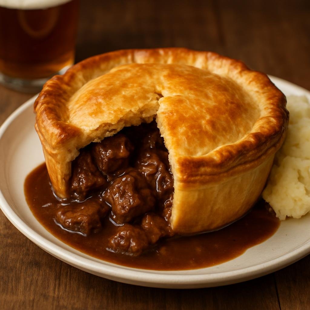 Entree: United Kingdom – British Pub Classics – Steak and Ale Pie (Tender beef braised in ale and gravy, baked under a golden pastry crust) recipe