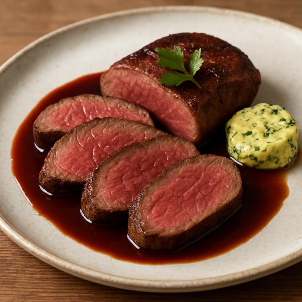 Entree: Australia – Central Culinary Region – Kangaroo Fillet (Lean kangaroo meat fillets, simply seared and served rare to medium-rare with a red wine jus or herb butter) recipe