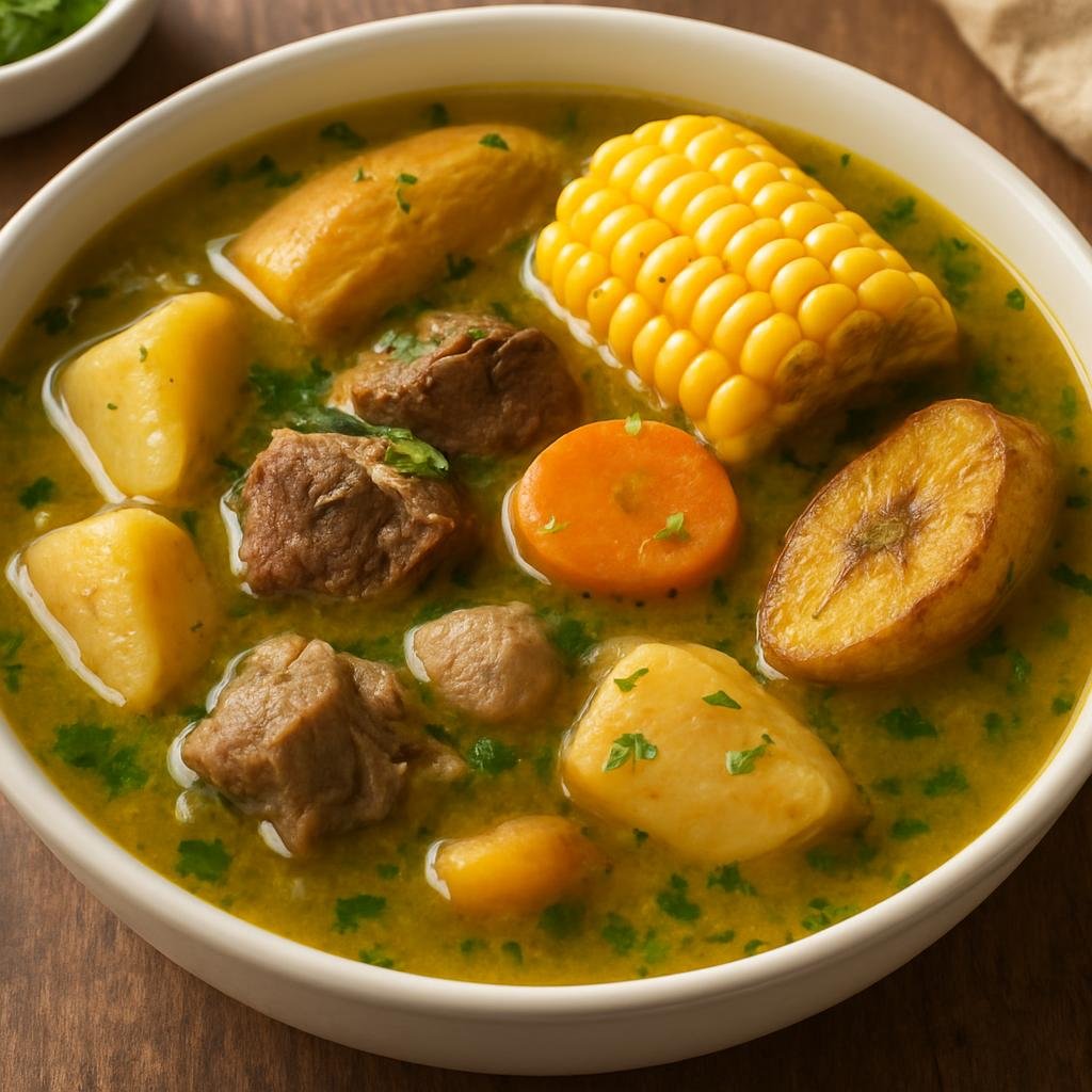 Entree: Colombia – Antioquia – Sancocho Antioqueño (Hearty Colombian stew of meats, root vegetables, plantain, and corn cooked in a cilantro-scented broth) recipe