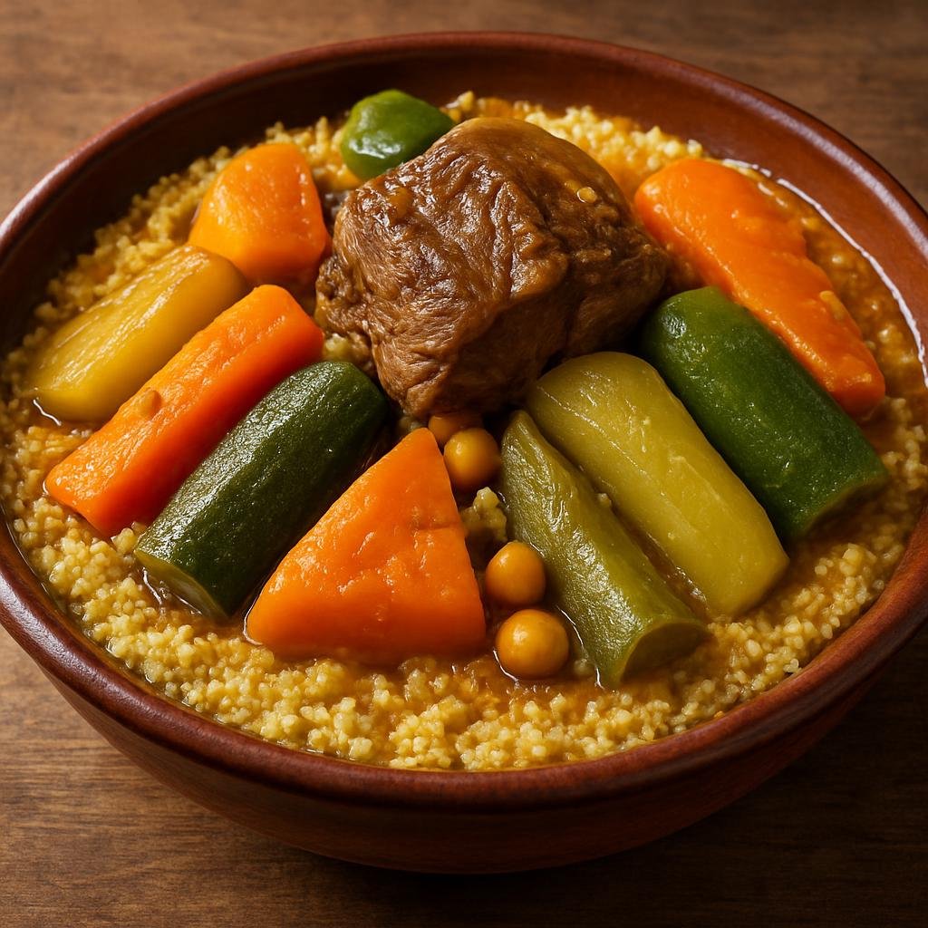 Entree: Morocco – Berber Cuisine – Berber Couscous with Seven Vegetables (Steamed semolina couscous served with slow-braised lamb and seven simmered vegetables in a fragrant spiced broth) recipe
