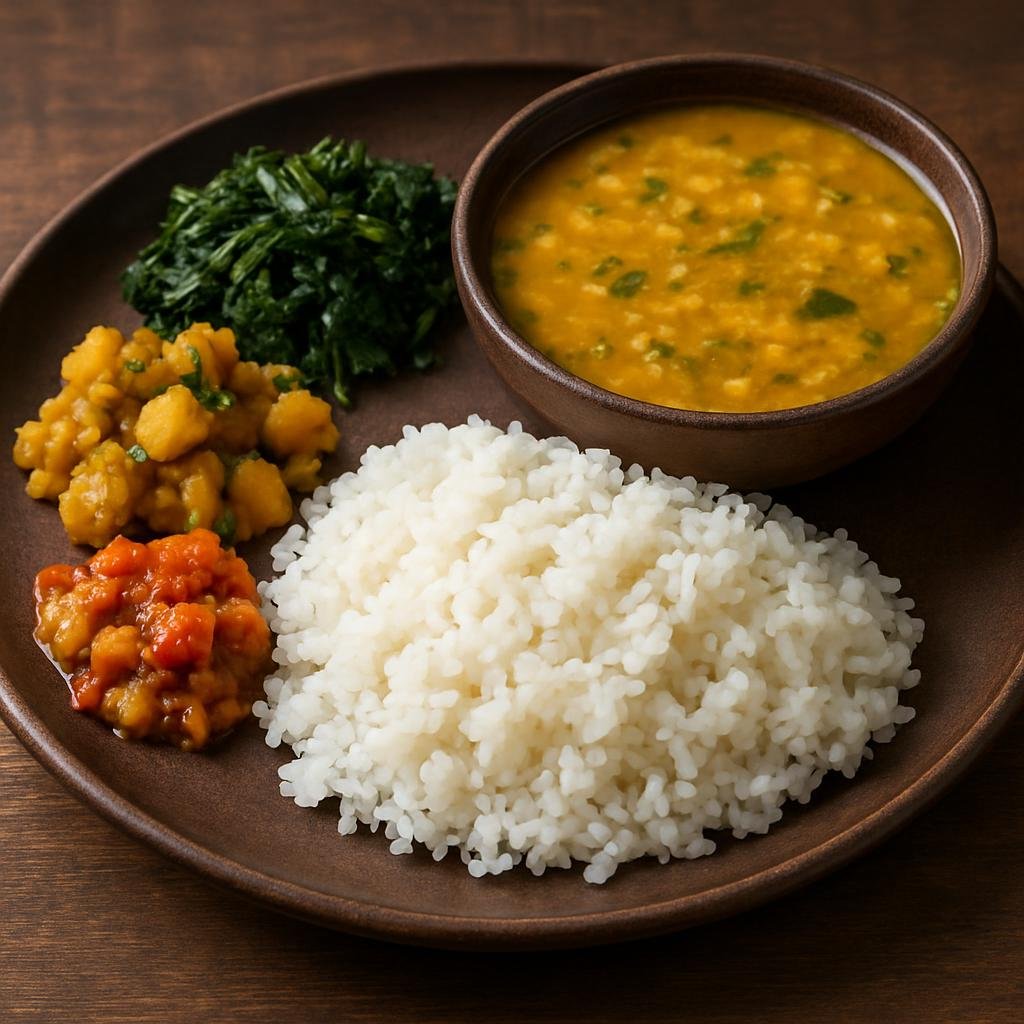 Entree: Nepal – Kathmandu Valley – दाल भात ➤ Dāl Bhāt (Steamed rice accompanied by seasoned lentil soup and simple vegetable sides, a staple Nepali meal) recipe