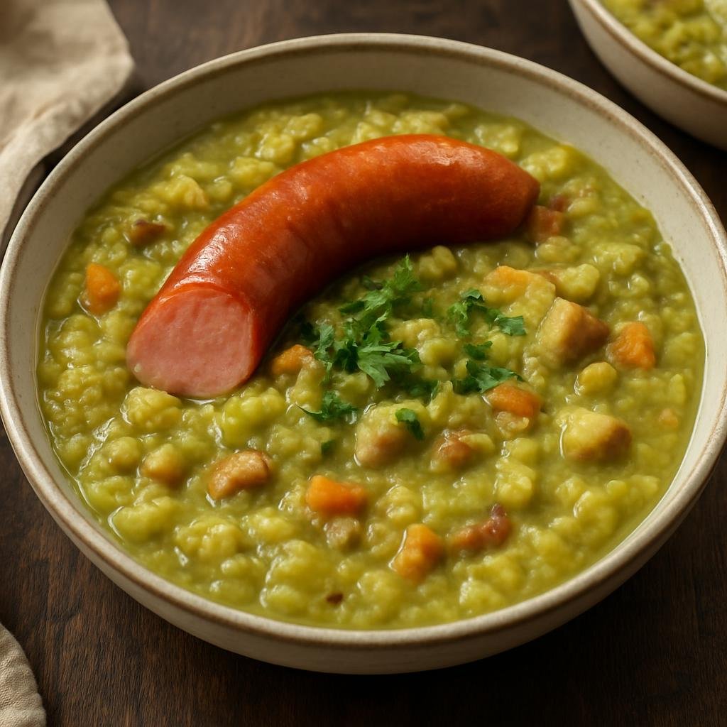 Entree: Netherlands – Friesland – Snert with Rookworst (Thick Dutch green split-pea soup with smoked sausage and pork) recipe