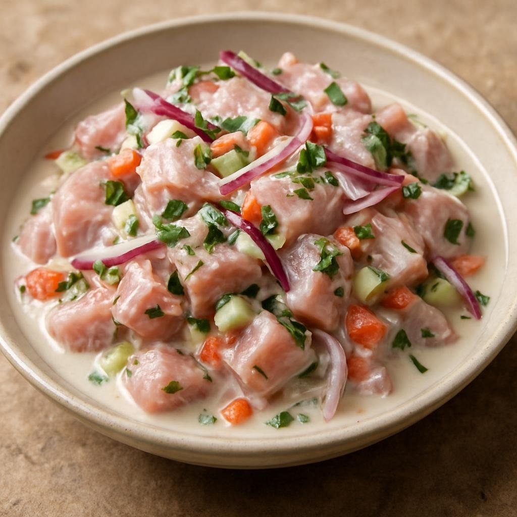 Entree: American Samoa – National Cuisine – Oka I'a (Samoan raw fish marinated in citrus and mixed with coconut cream and fresh vegetables) recipe
