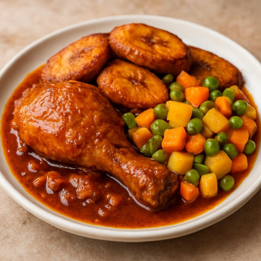 Entree: Cameroon – National Cuisine – Poulet DG (Braised chicken stew topped with fried ripe plantains and mixed vegetables) recipe