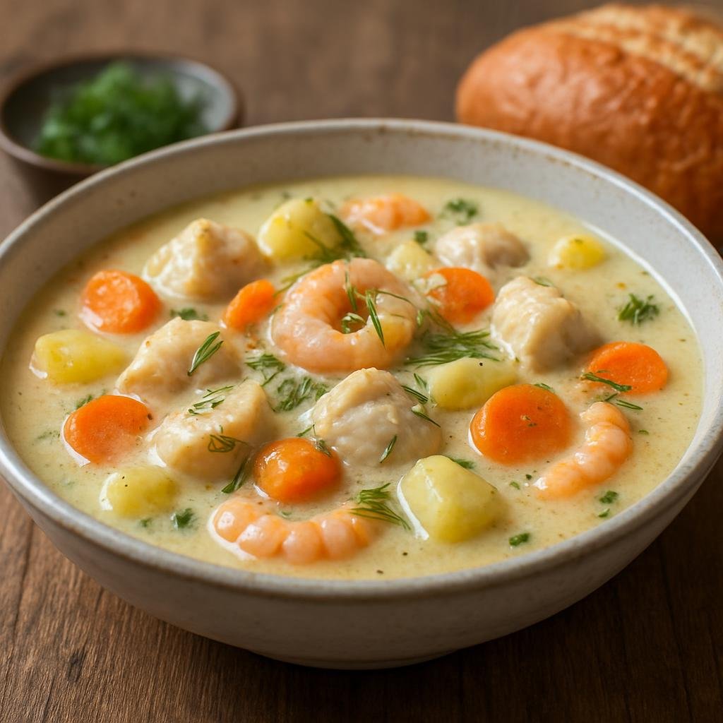 Entree: Norway – Norwegian Coastal Seafood – Fiskesuppe (Norwegian coastal fish soup of mixed white fish and shellfish in a gently spiced creamy broth with vegetables) recipe
