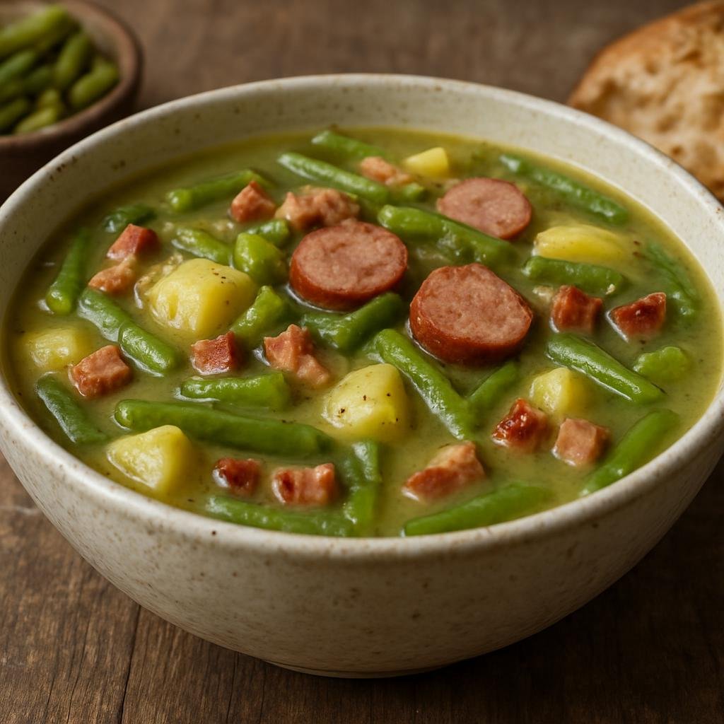 Entree: Luxembourg – Northern Culinary Region – Bouneschlupp (Traditional Luxembourgish thick green bean and potato soup with bacon and smoked sausage) recipe