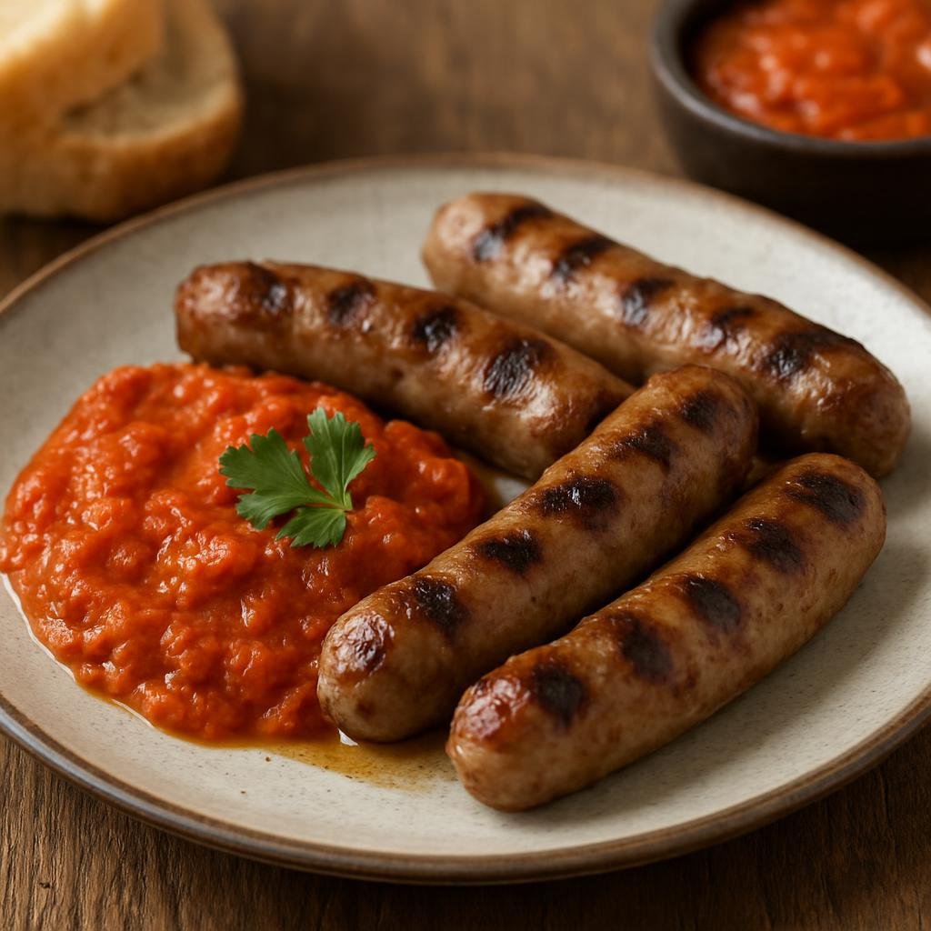 Entree: North Macedonia – Northern Culinary Region – Ајвар со грилувани колбаси ➤ Ajvar so griluvani kolbasi (Roasted red pepper and eggplant relish served with grilled pork sausages) recipe