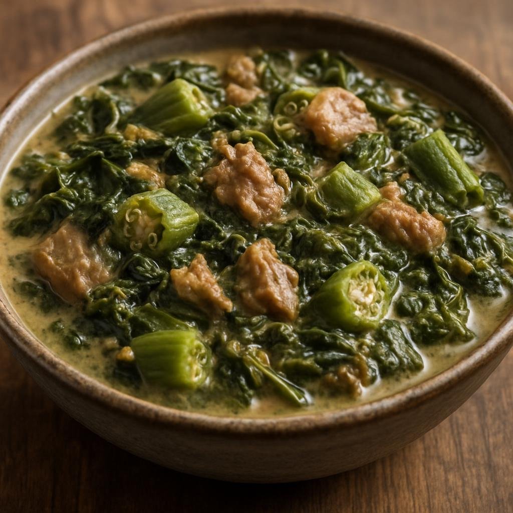 Entree: Trinidad and Tobago – Northern Culinary Region – Callaloo (Hearty Caribbean stew of tender leafy greens simmered with coconut milk, okra and seasoned meat or crab) recipe