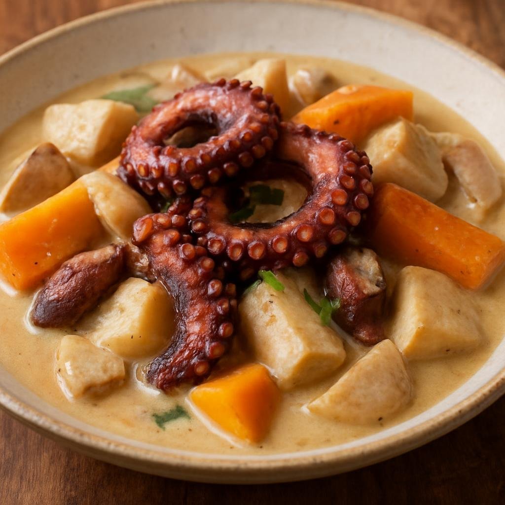 Entree: Wallis and Futuna – Northern Culinary Region – Feke (Octopus braised in coconut milk with island root vegetables) recipe