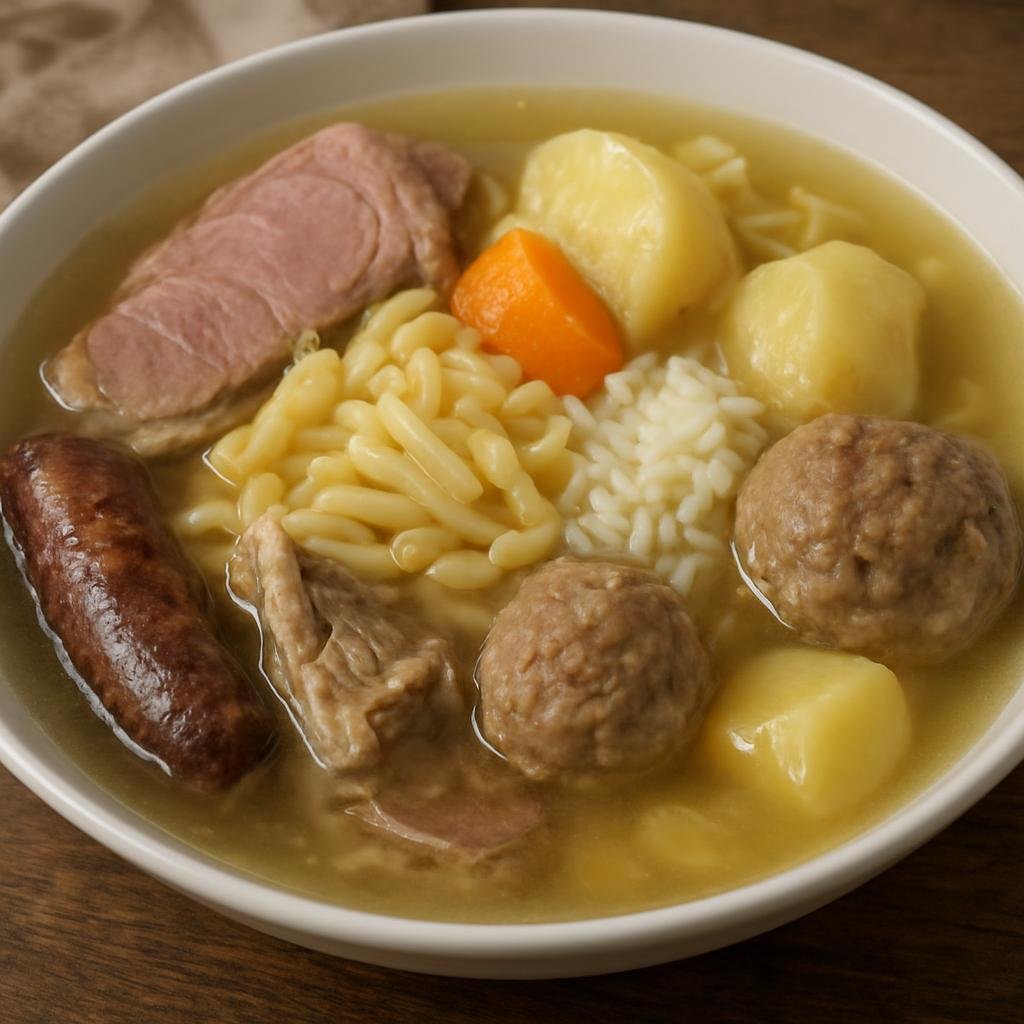 Entree: Andorra – Central Culinary Region – Escudella i Carn d'Olla (Traditional Catalan/Andorran hearty meat-and-vegetable stew in a clear broth, served with pasta or rice and meatballs) recipe
