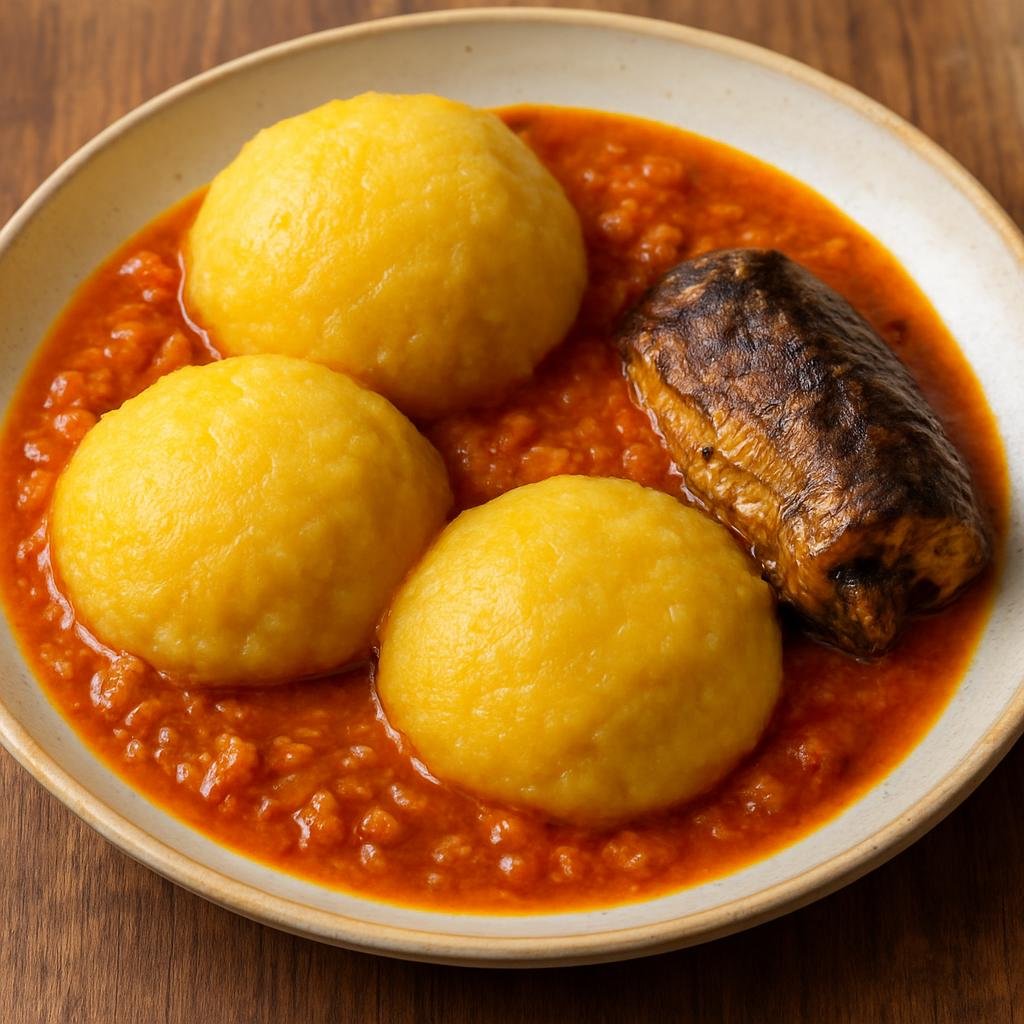 Entree: Benin – Central Culinary Region – Djenkoume (Firm cornmeal dumplings similar to polenta served with a savory peanut-tomato sauce and smoked fish) recipe