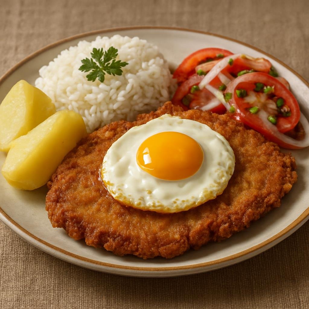 Entree: Bolivia – Central Culinary Region – Silpancho (Breaded thin beef cutlet served with rice, potatoes, and fried egg) recipe