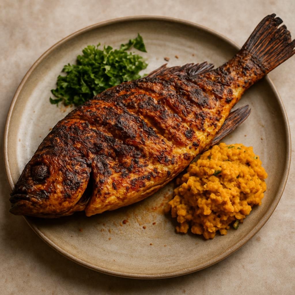 Entree: Burundi – Central Culinary Region – Mukeke (Large Lake Tanganyika perch typically marinated and charcoal-grilled whole with regional spices and aromatics) recipe