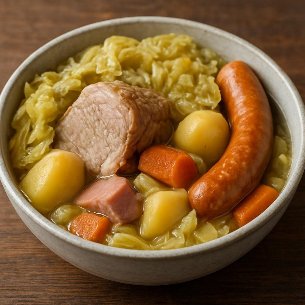 Entree: France – Auvergne – Potée Auvergnate (Hearty slow-cooked Auvergne pork and root-vegetable stew with cabbage and sausage) recipe