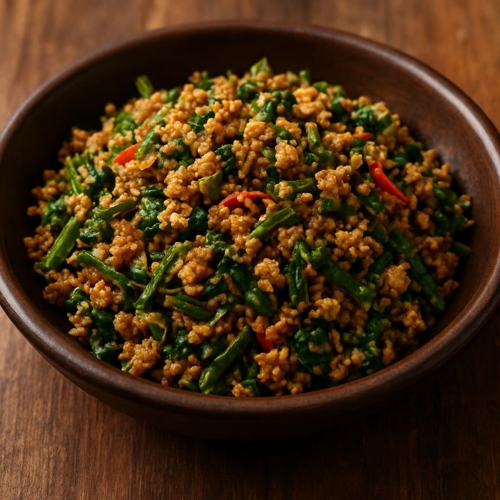 Entree: Indonesia – Bali – Lawar (Balinese mixed vegetable and minced pork dish tossed with toasted grated coconut and aromatic spice paste) recipe