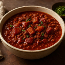 Entree: USA – Texas – Texas Red Chili with Ground Moose and Pork Belly (Texas-style red chili made with ground moose and rich pork belly for depth of flavor) recipe