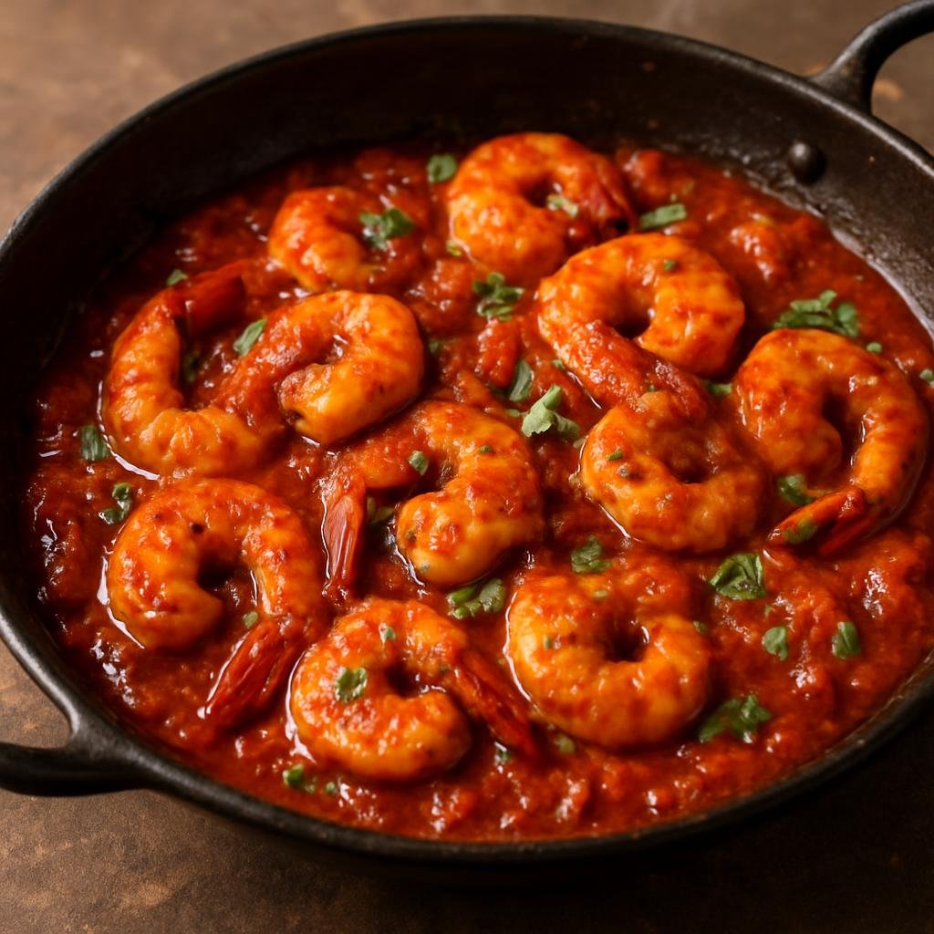Entree: Pakistan – Coastal Pakistan – جھینگا کڑاہی ➤ Jhinga Karahi (Spicy tomato-ginger prawn curry cooked quickly in a karahi wok) recipe