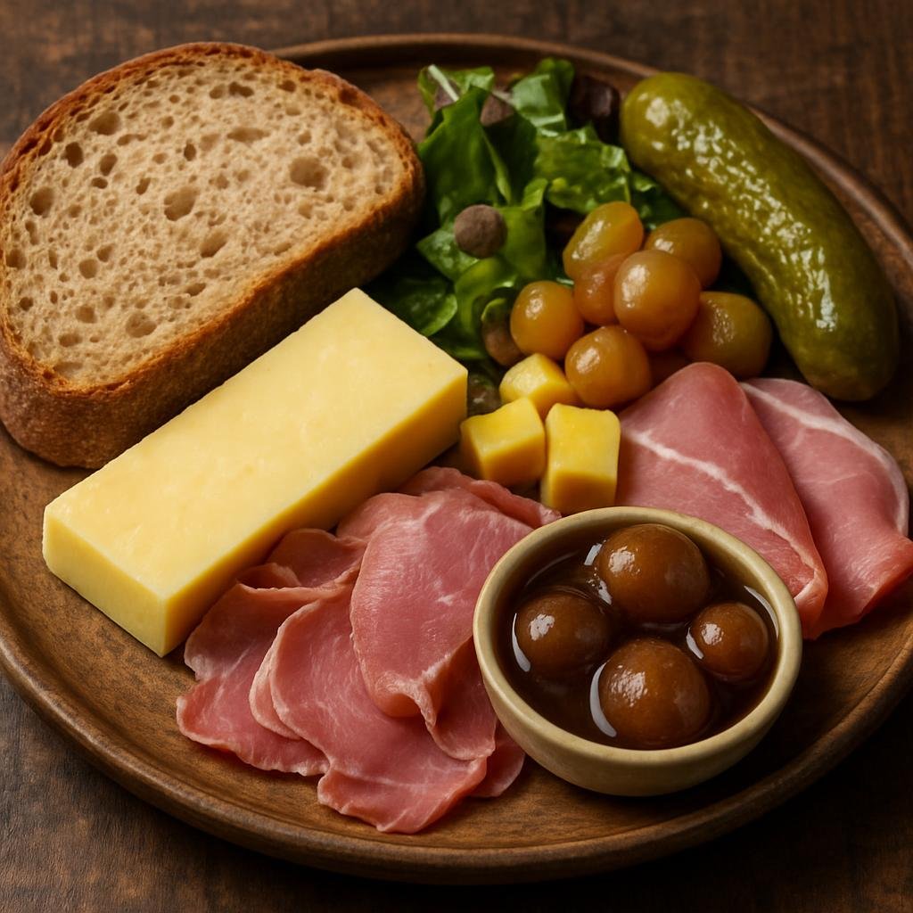 Entree: United Kingdom – British Pub Classics – Ploughman's Lunch (Traditional British cold meal of bread, cheese, pickles and cured meats assembled for a rustic midday platter) recipe